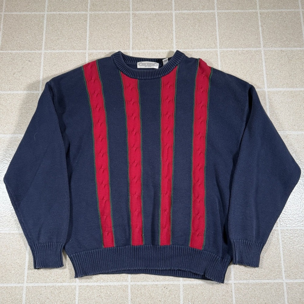 Vintage Cable Knit Sweater Mens XL Navy Blue Red Stripe 90s Cotton Grandpa